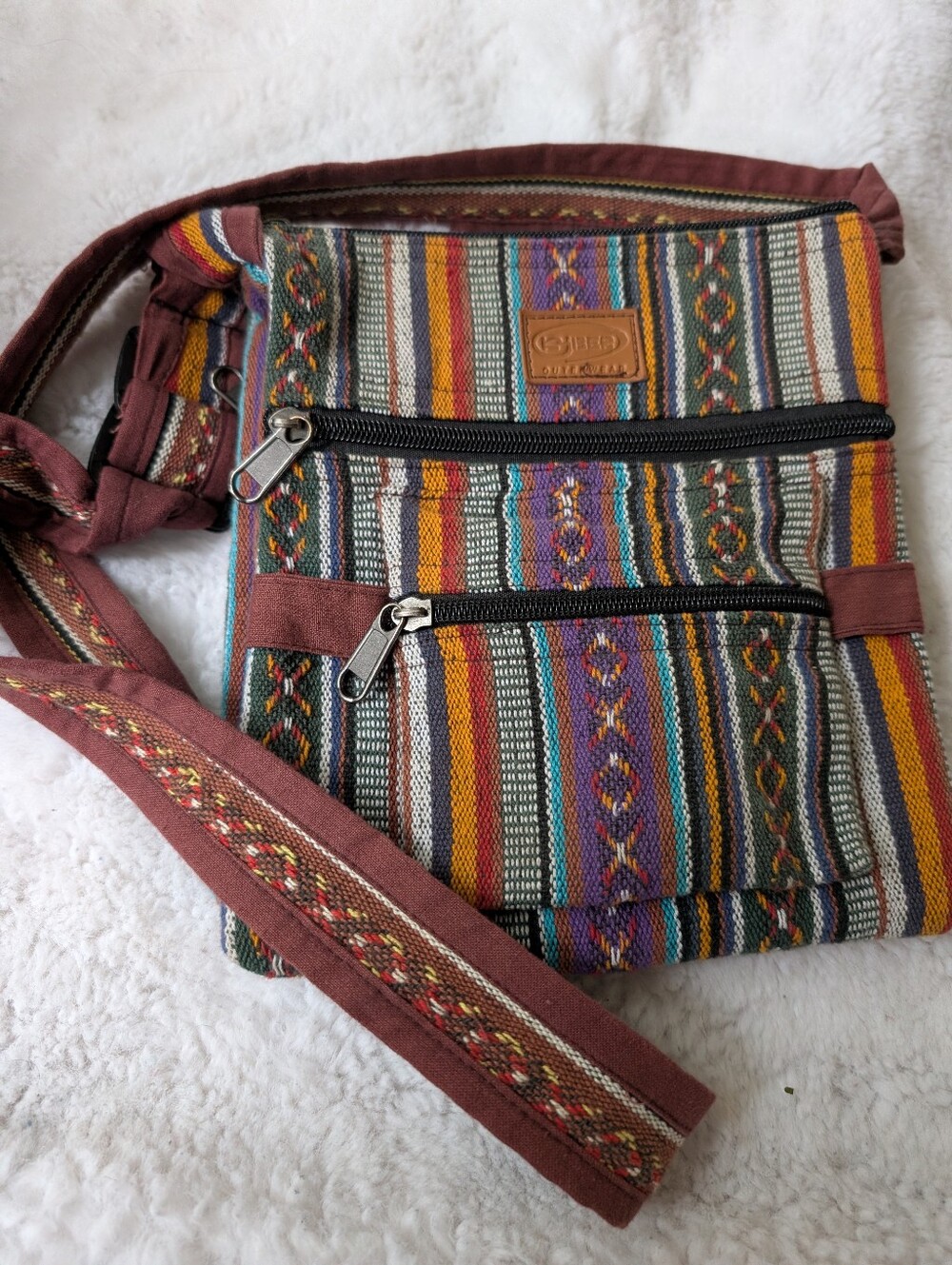 Vintage Y2K Boho Stripe Crossbody Bag - Brown Multi